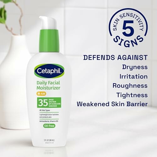 Cetaphil Daily Facial Moisturizer with SPF 35, defends against five signs of skin sensitivity.