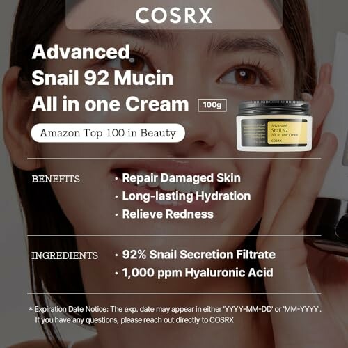 COSRX Advanced Snail 92 Mucin Cream advertisement highlighting benefits and ingredients.