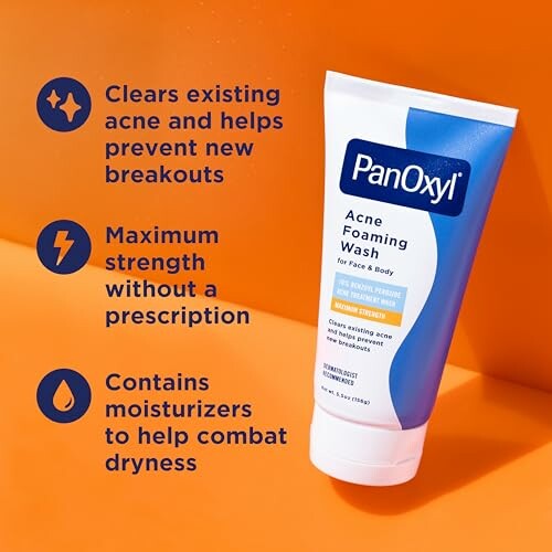 PanOxyl Acne Foaming Wash with benefits listed on orange background.