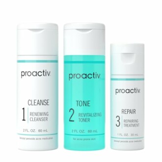 Proactiv skincare set with cleanser, toner, and repair treatment.