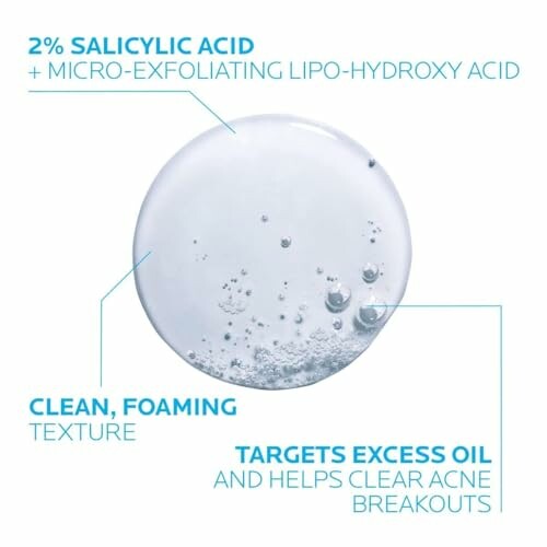 Image of a skincare product with 2% salicylic acid and micro-exfoliating lipo-hydroxy acid, featuring a clean, foaming texture to target excess oil and clear acne breakouts.