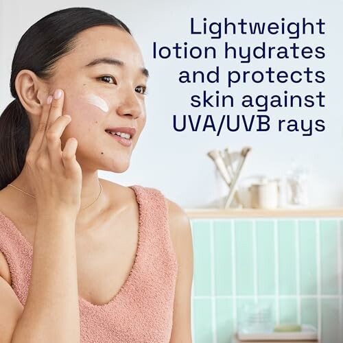 Woman applying lightweight lotion for UVA/UVB protection